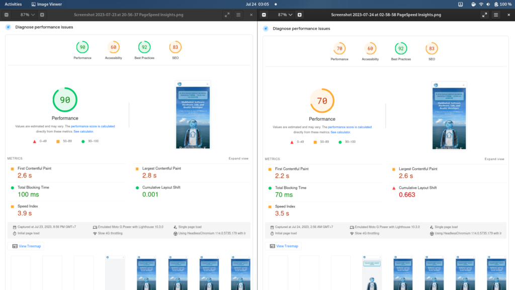 Google Lighthouse results comparison for https://reinhart1010.id as rendered in a typical mobile device. Left: Previous result, Right: Current result.
