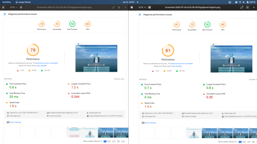 Google Lighthouse results comparison for https://reinhart1010.id as rendered in a typical desktop device. Left: Previous result, Right: Current result.