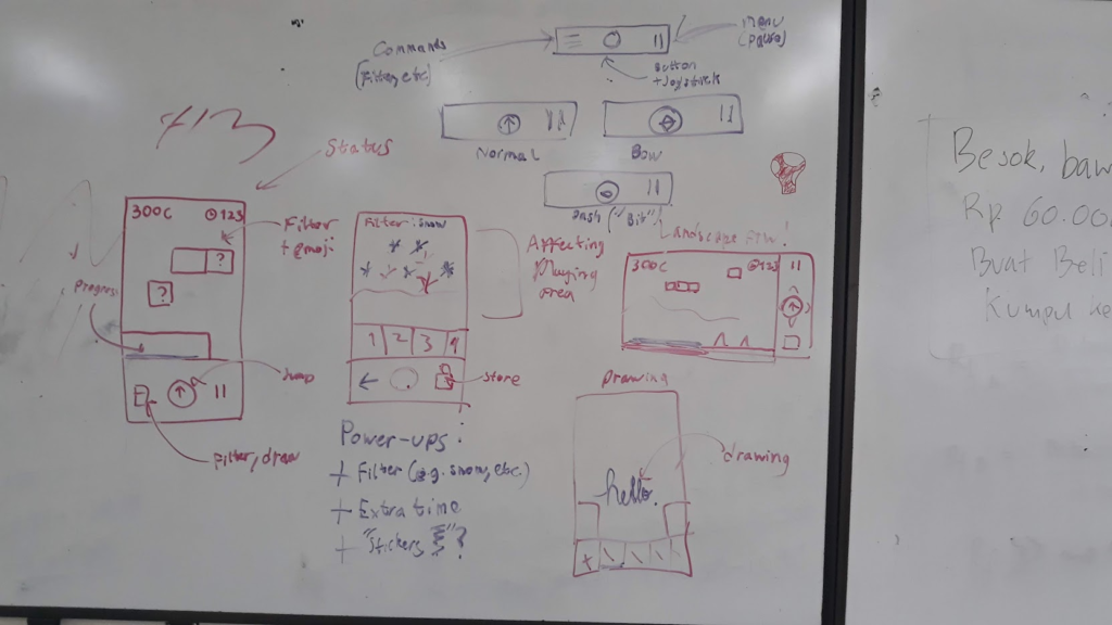 A classroom whiteboard with a mobile game concept drawn using magenta and violet marker ink.
