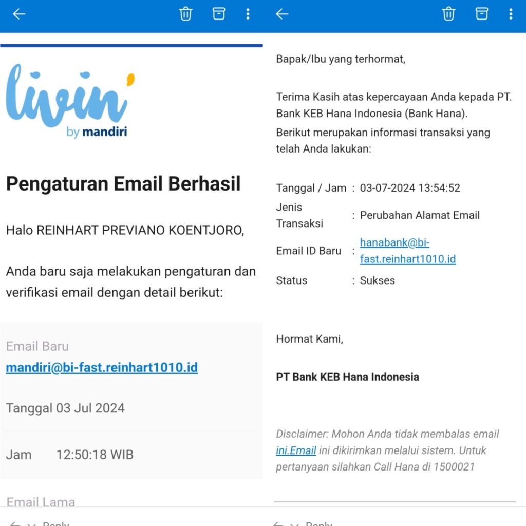 Tangkapan layar dari aplikasi surel/email yang menampilkan sekaligus pesan perubahan alamat surel/email yang terdaftar di bank Mandiri dan KEB Hana.