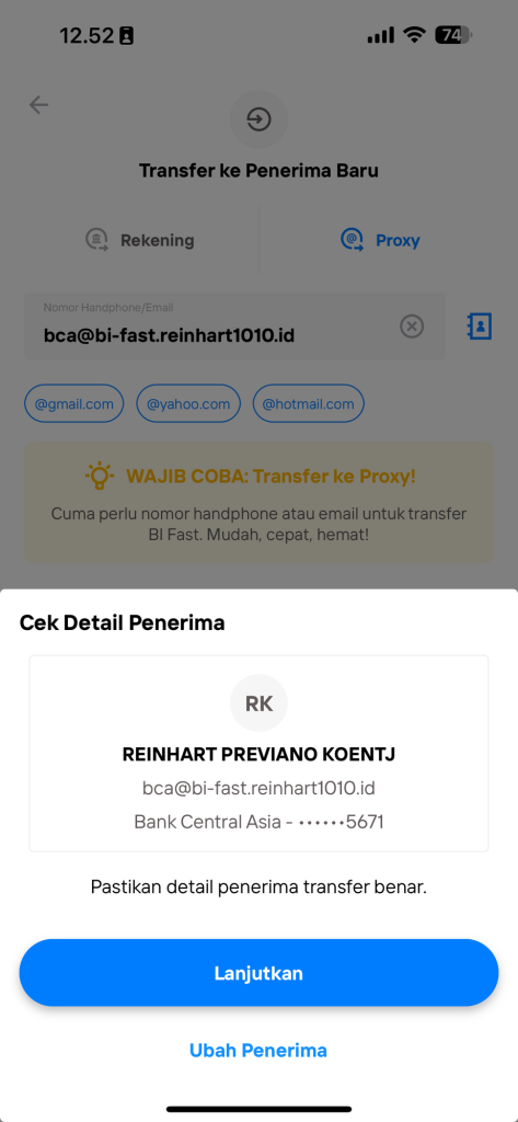 Tampilan aplikasi Livin' by Mandiri yang menampilkan menu transfer menuju Proxy Address BI-FAST rekening BCA milik Reinhart.