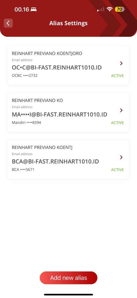 Tampilan aplikasi CIMB Niaga OCTO Mobile yang menampilkan menu pendaftaran Proxy Address BI-FAST, dengan daftar Proxy Address yang telah didaftarkan oleh nasabah yang sama dalam bank lainnya.